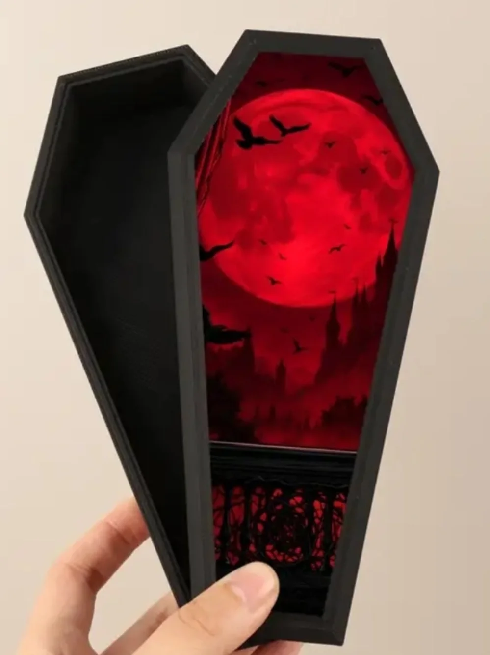 Gothic Coffin Jewelry Box with Red Moon Artwork